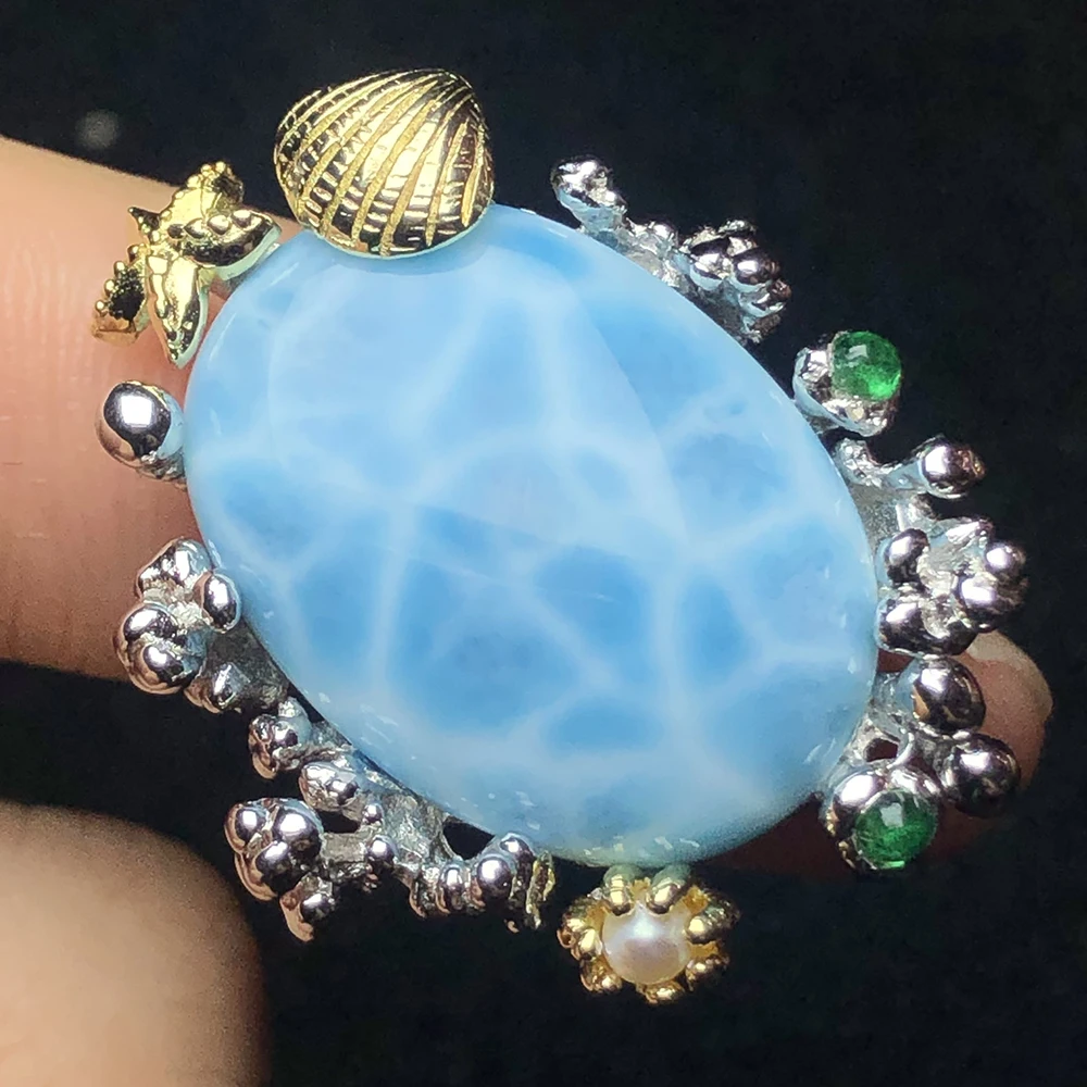 Natural Larimar Ring 925 silver herringbone  Classic fashion ring Natural Emerald Pearl with stone