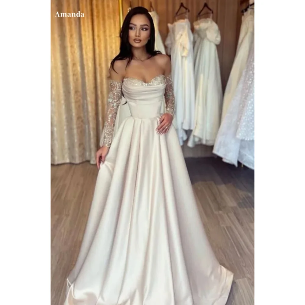 Amanda Customized White Embroidery Lace Glove فساتين سهرات Strapless Satin vestidos de fiesta Floor-Length Wedding Dress 2024