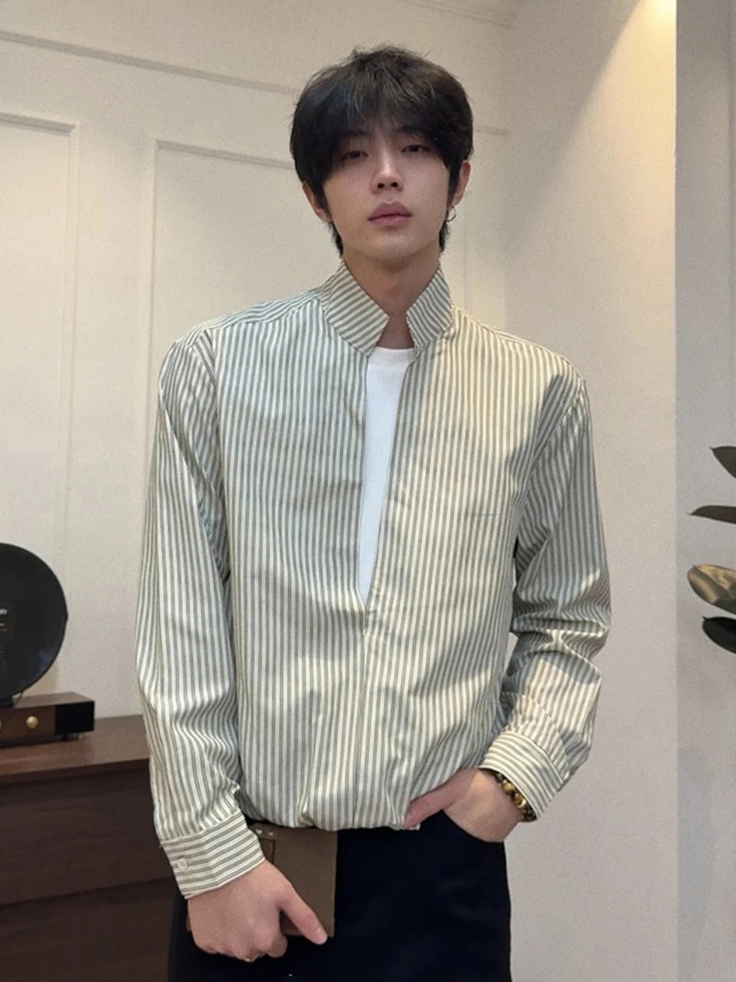 

Cleanfit Stripe V-Neck Long Sleeve Shirt Men's Spring Casual Style Polyester Fiber Breathable Comfortable Wearing Outerwear