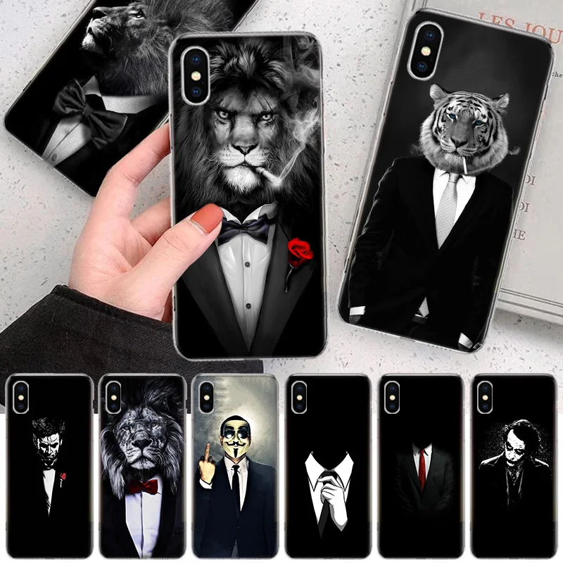 Lion Man Suit Shirt Tie Black Animal Soft Phone Case For IPhone 11 13 16 Pro MAX 15 + 14 Plus 12 Mini X XS Apple 8 7 SE Fundas C