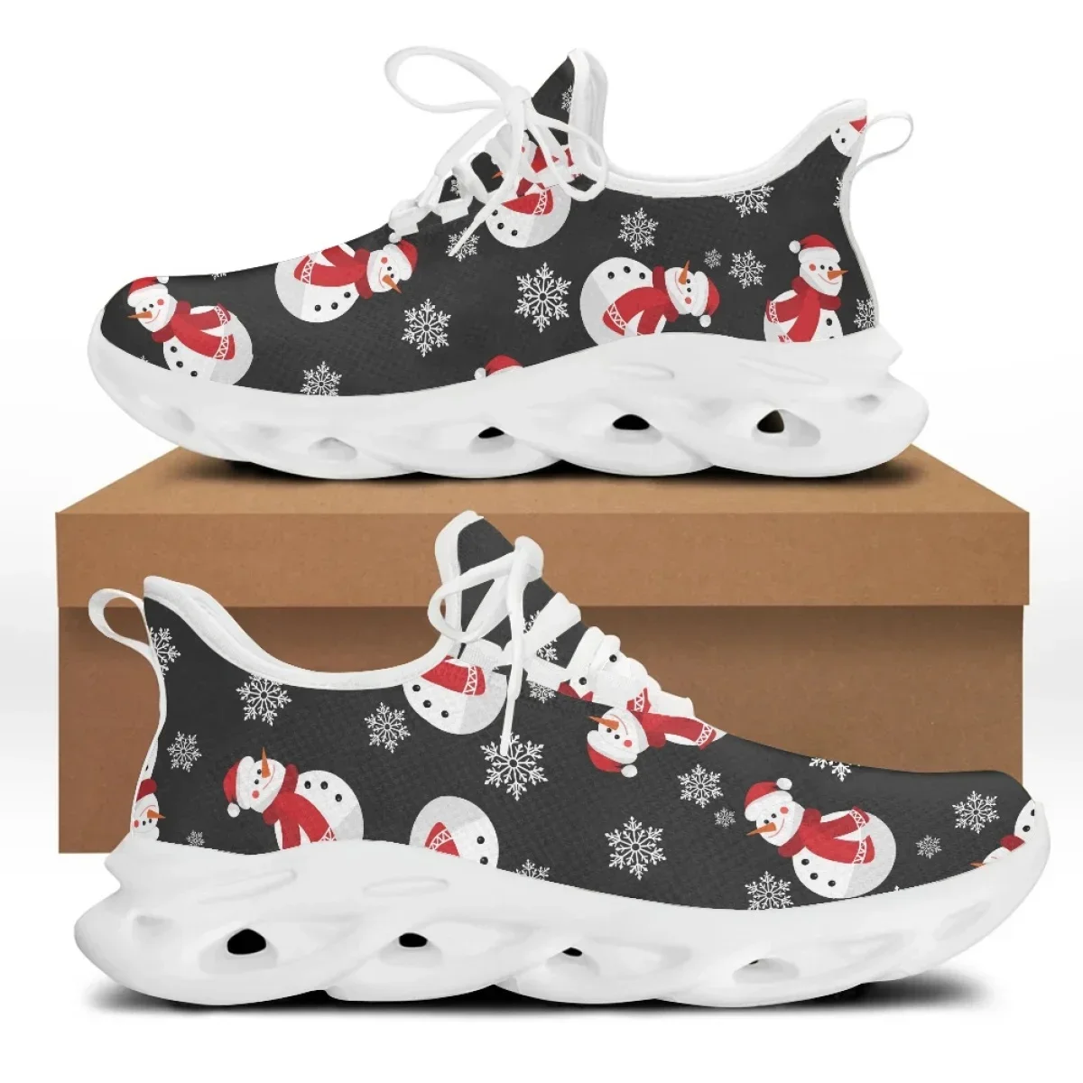 Sapatilhas de malha inferior grossa para senhoras, design do boneco de neve do Natal, sapatos esportivos casuais leves, apartamentos femininos, primavera, verão