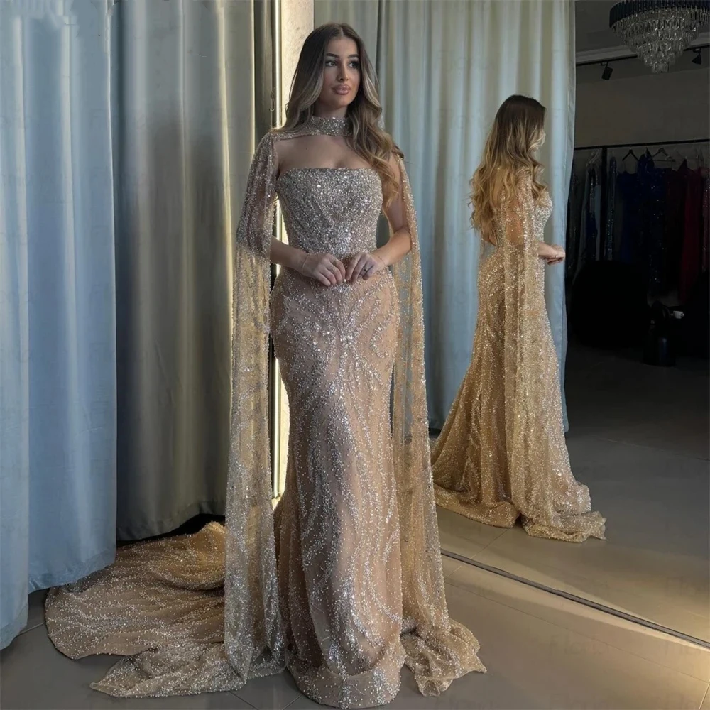 

Luxury Champagne Mermaid Lace Sequins Dubai Party Evening Dress Sexy Strapless Two-Piece Formal Celebrity Dance Dress Customized