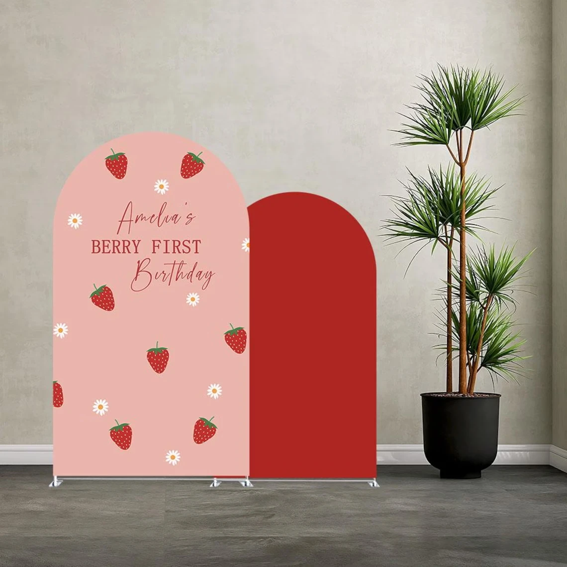

LS Custom 2-Sided A Little Cutie Berry Strawberry Birthday Party Baby Shower Cover Chiara Arch Background Decor Backdrop
