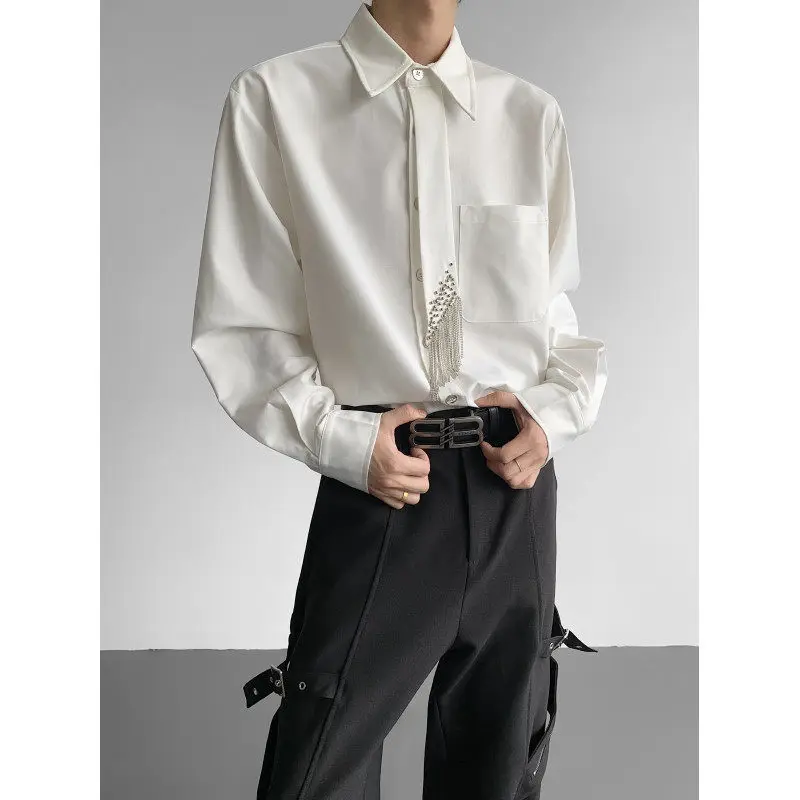 

Retro Korean Style Men's Shirt with Shoulder Pads Long Sleeve White Tie Club Night Atmosphere Sensation Coat Standard Fit