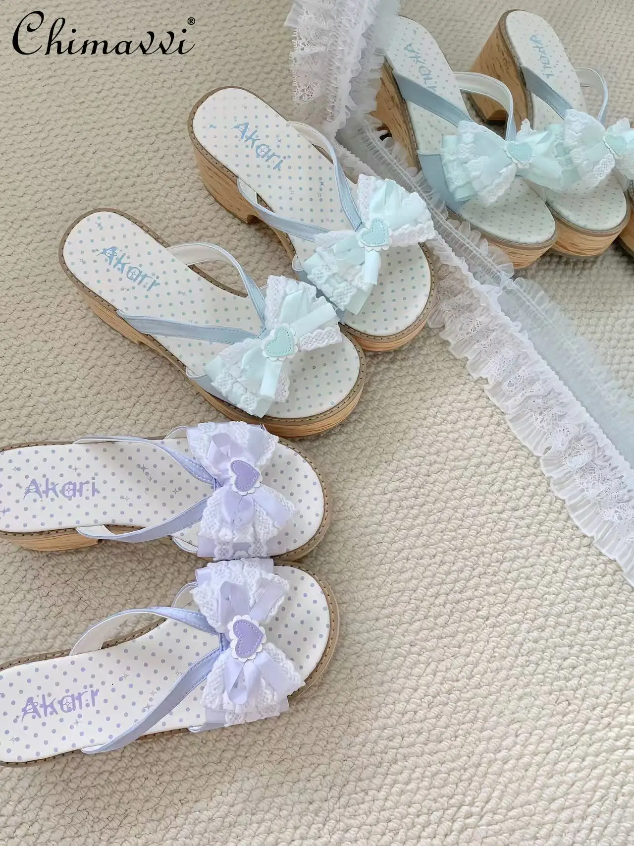 

New 2025 Summer Japanese Sweet Lolita Platform Sandals Lace Bow Cute Girl Womens Lolita Daily Versatile Jk Uniform Slippers