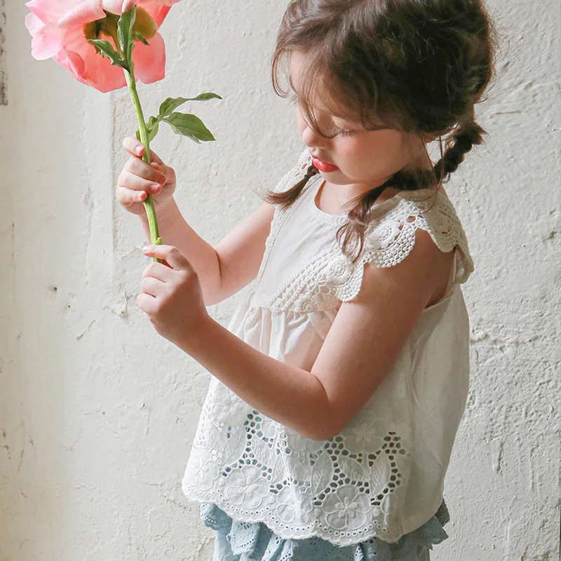 

Girl Solid Color Tops 2025 Summer Sweet Children's Clothing Girl Fashion Foreign Flavor Lace Edge Vest T-Shirt