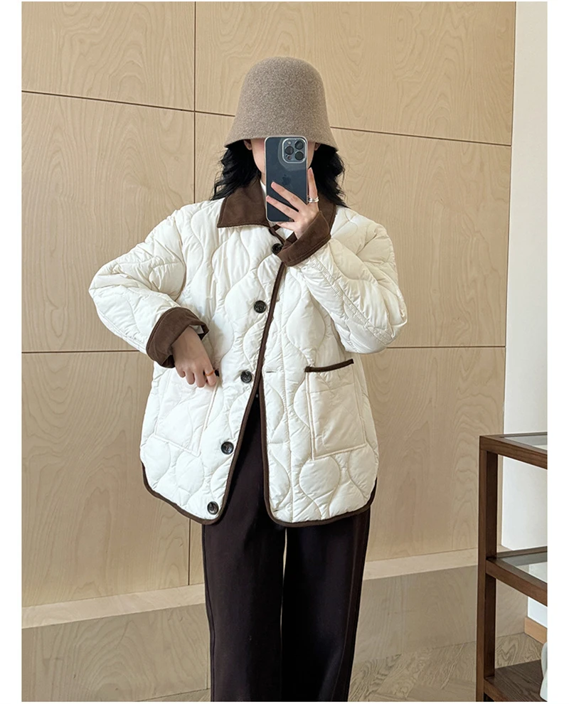 Autumn Down Cotton Padded Jacket Women's 2025 Contrast Lapel Rhombic Thin Short Loose Spring Cotton Padded Casual Coats Female