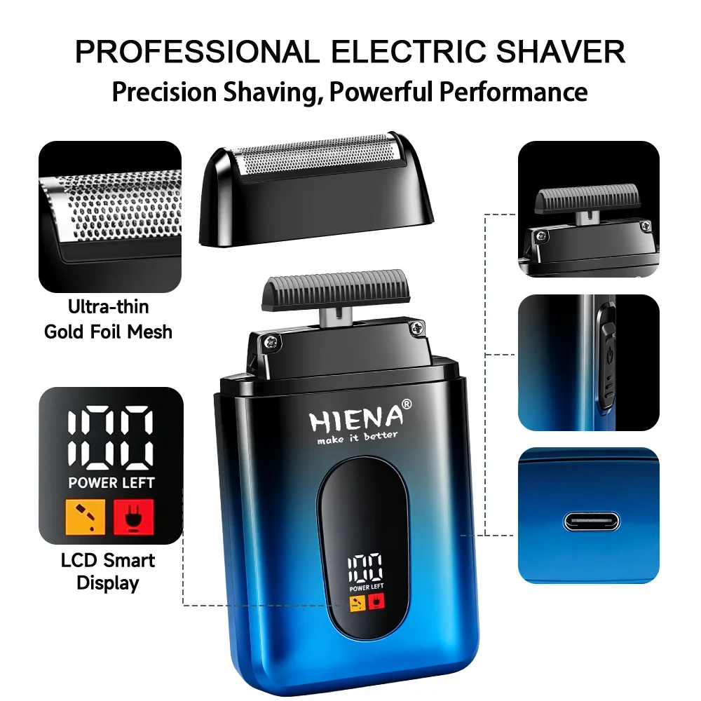 HIENA Men Reciprocating Electric Shaver Blue Digital Power Display Portable Rechargeable Beard Trimmer USB Charging Mini Travel Shaving Razor For Men view 3