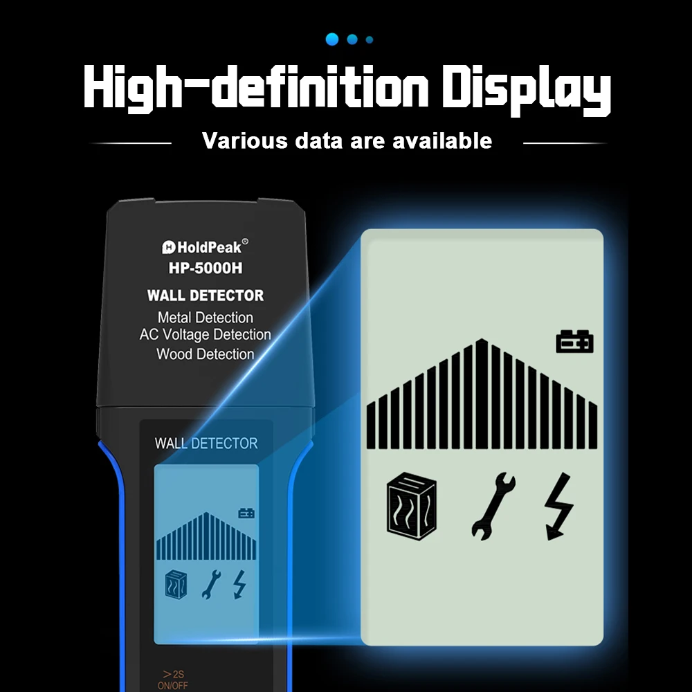 

LCD Display-Metal/Wood/Live AC Wire Scanner 3-in-1 Wall Detector with Auto-Off, Type-C Rechargeable for Electricians HP-5000H