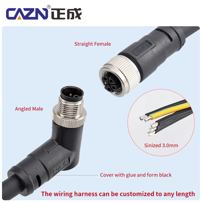 M12 Straight Right Angled K Code 2+PE 3+PE 4+PE Pins 1 Meters PVC Moulded Plug  unshielded Leads Female Male Cable Connectors