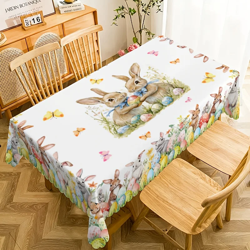 Easter Bunny Eggs Floral Tablecloth Party Decor Spring Watercolor Wild Flowers Butterfly Dining Table Cloth Easter Decorations