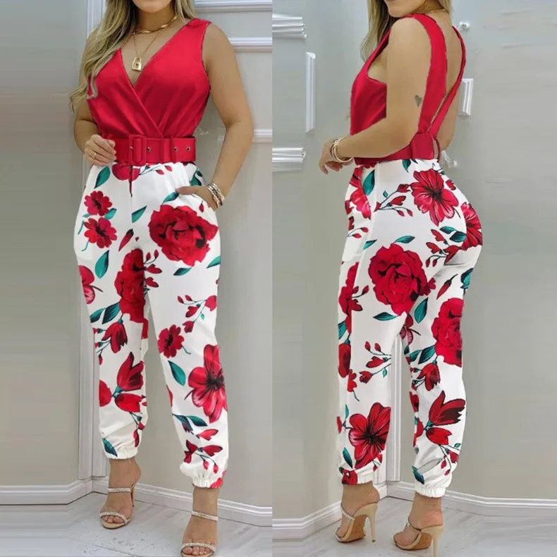 Women's New Fashion Slim Belt Girdle V-neck Sleeveless Backless Printed Solid Color Jumpsuit Women's Tight Pencil Pants