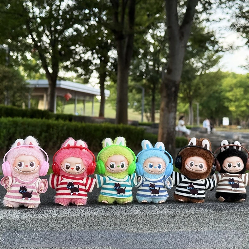 

Doll Clothes For 4th Gen 10cm Mini Labubu 4.0 "Heart Code" Series Cat-Print Striped Short Sleeve Top With Colorful Headphones
