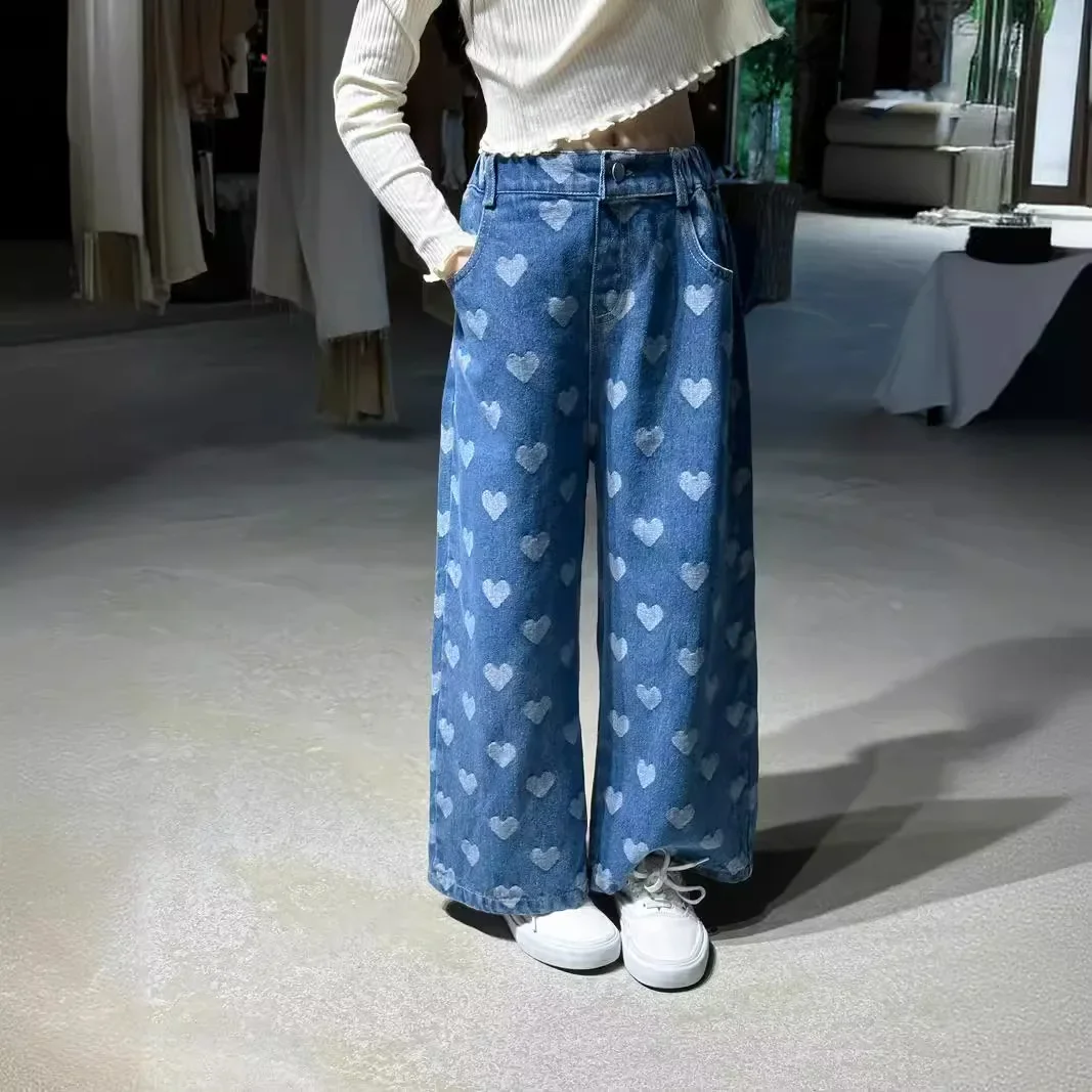 Girls Clothes Love Jacquard Jeans 2024 Autumn Boys and Girls Loose Retro Casual Fashionable Sweet Wide-leg Pants Long Pants