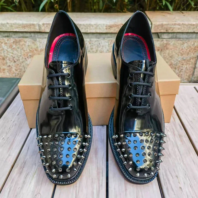 Men's Patent Leather Loafers | Black Rivet Metal Decor Small Square Toe Flat Formal Dress Shoes for Summer Wedding Business Offi