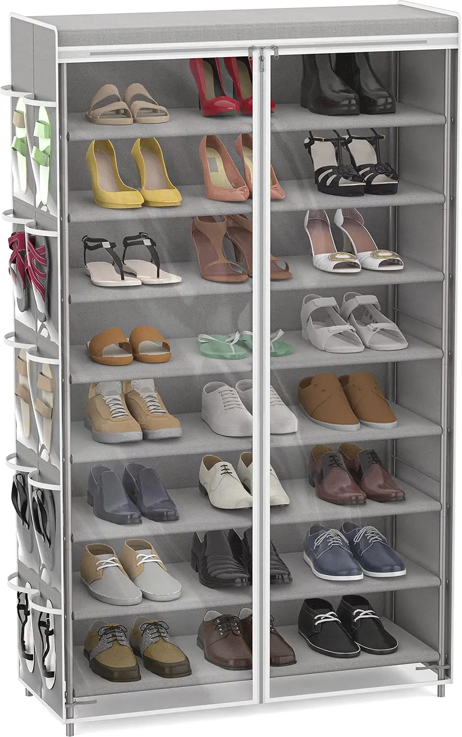 8-Tier Shoe Rack with 10 Hanging Side Pockets and Clear Cover, Grey