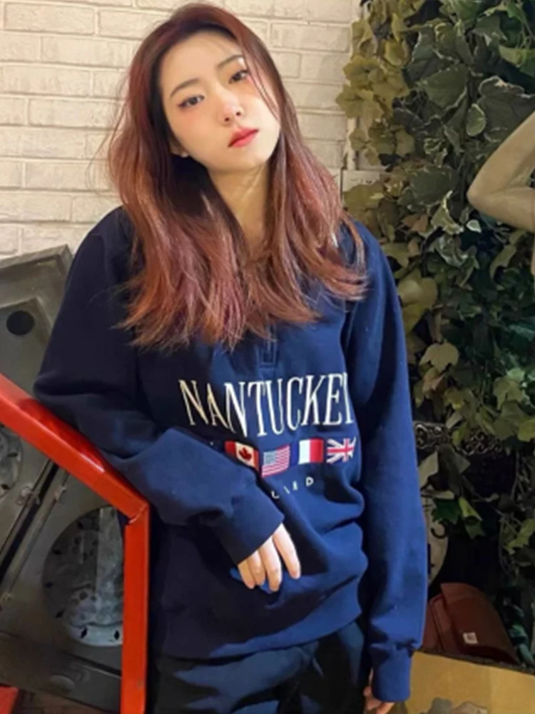 Vintage Women Navy Loose Sweatshirts 2023 Fall Casual O Neck Letter Embroidery Sweatshirts Female Chic Pullovers