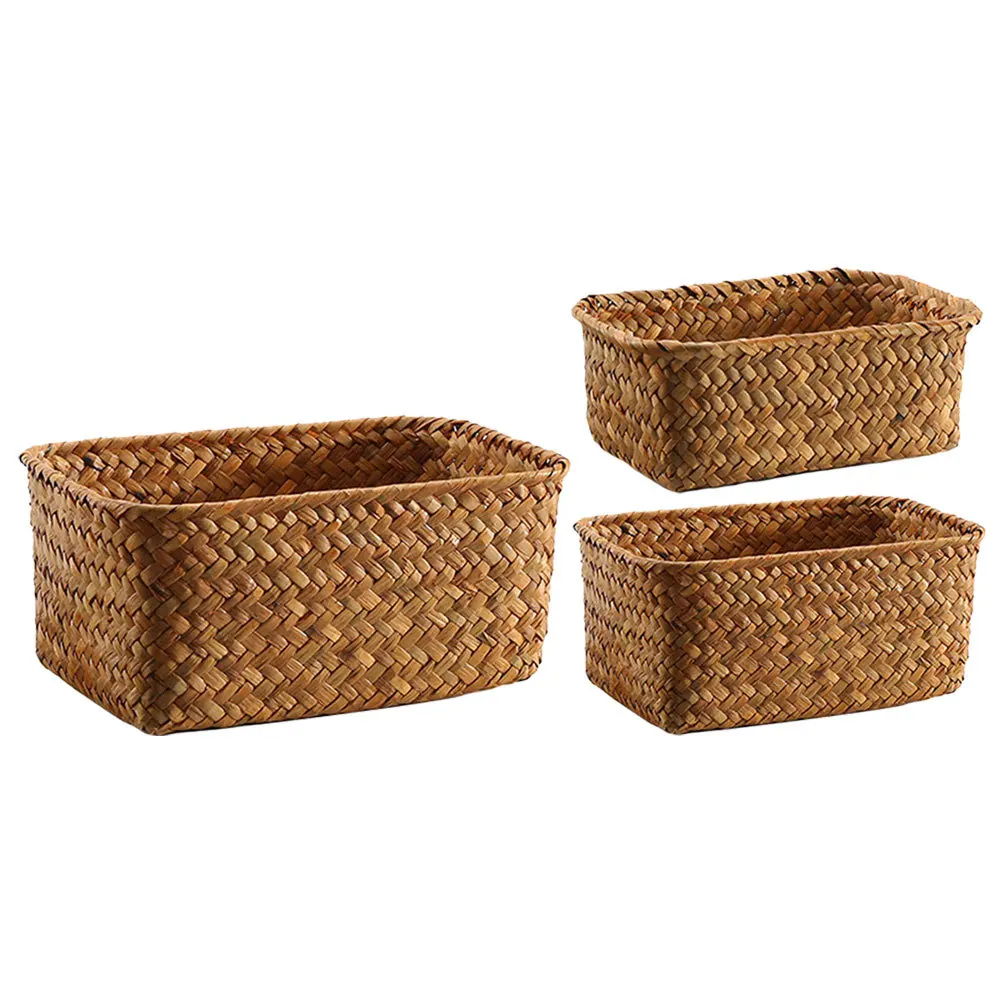 

3Pcs Straw Braid Storage Basket Wear-Resistant Multi-Function Desktop Organizer for Household Fruit Snack Storage