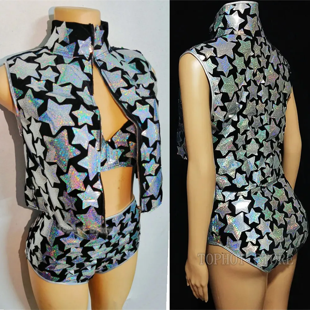 Equipo de espejo láser plateado para mujer, traje de baile de Jazz, chaleco, Bikini, conjunto de 3 piezas, Bar, club nocturno, DJ, cantante, bailarina, ropa de actuación en escenario