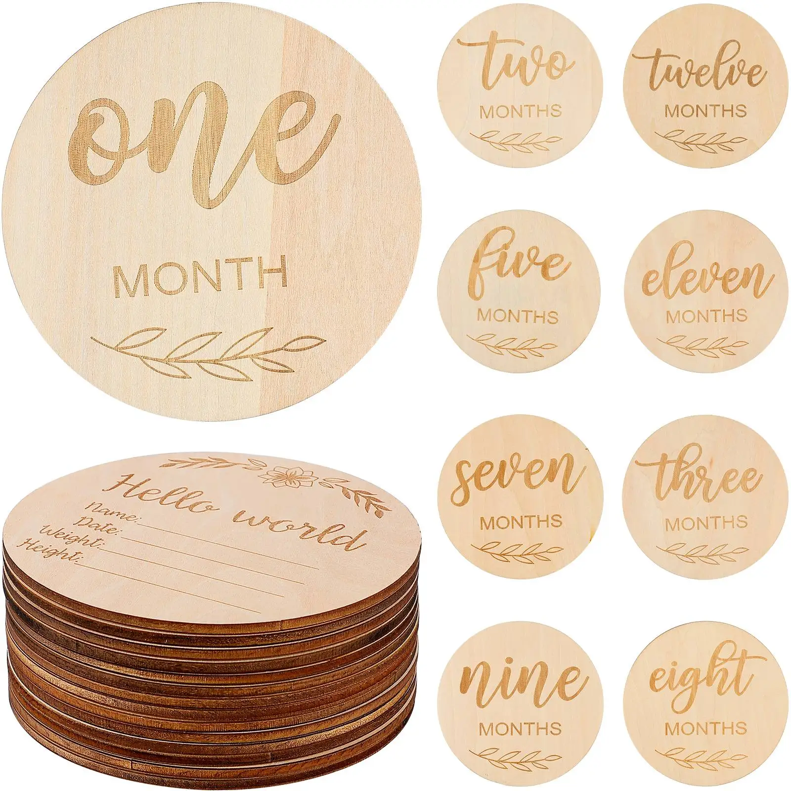 

14pcs Wooden Month Cards Natural Wood Photo Props Pregnancy Growth Card Newborn Growth Record First Year Markers