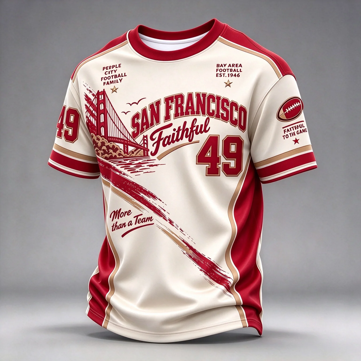 Street Style Men Rugby Fan T-shirt, San Francisco 49ers Retro Splash Golden Gate Bridge Print Sports Tee, Multi-color Link