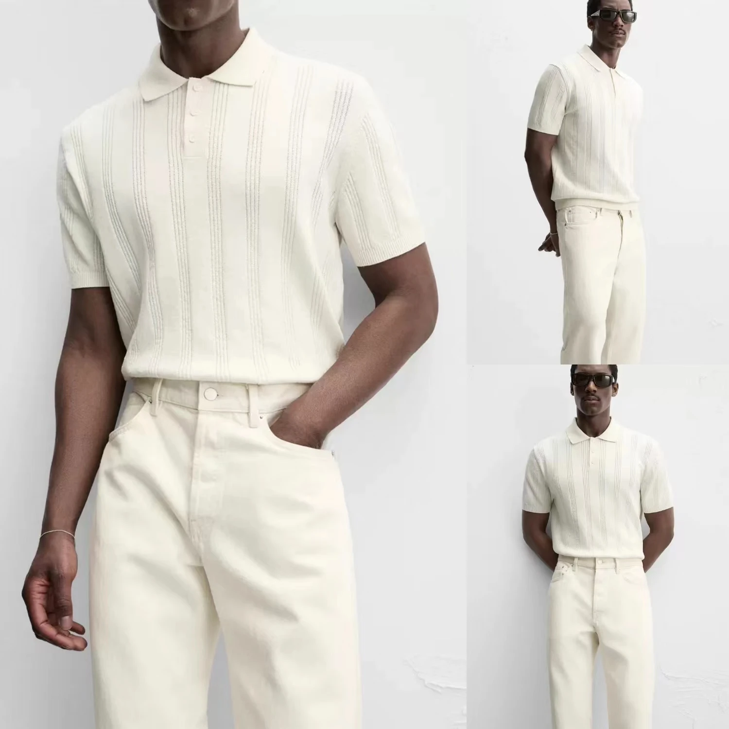 

Новые летние мужские облегающие прямые трикотажные ort Sve irt Youth Faion Stand Sle Busin Casual Pure Color