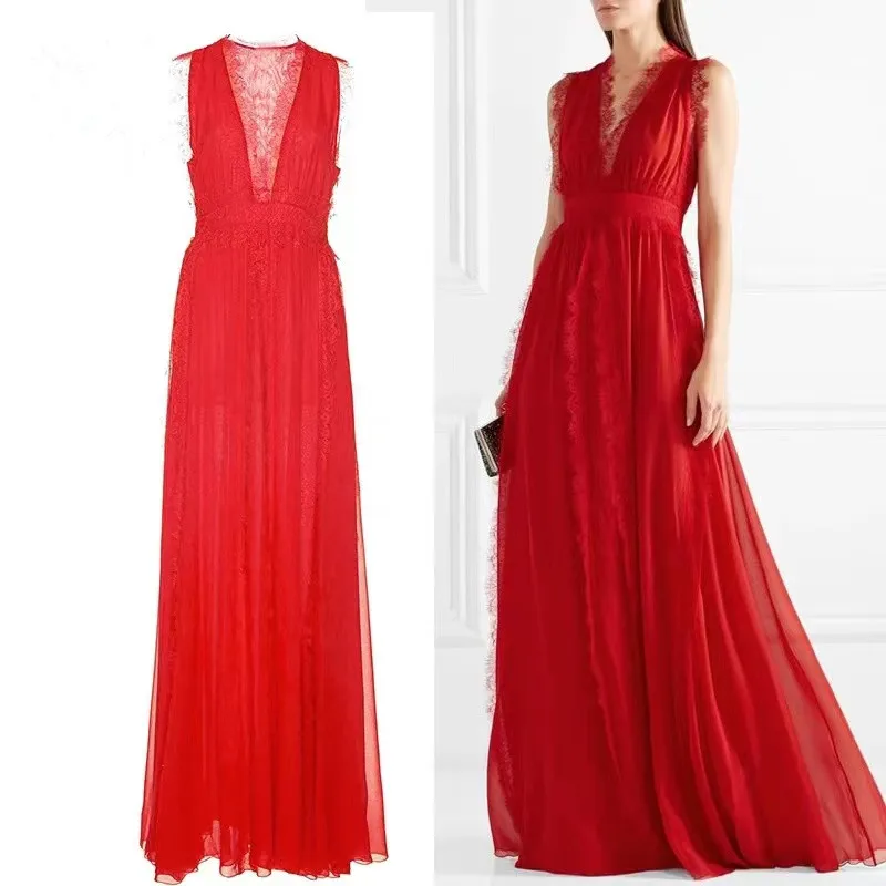 Fairy Summer Elegant Red Chiffon Patchwork Lace Long Dress Women Sexy Deep V Neck Sleeveless Flods High Waist Holiday Maxi Robe