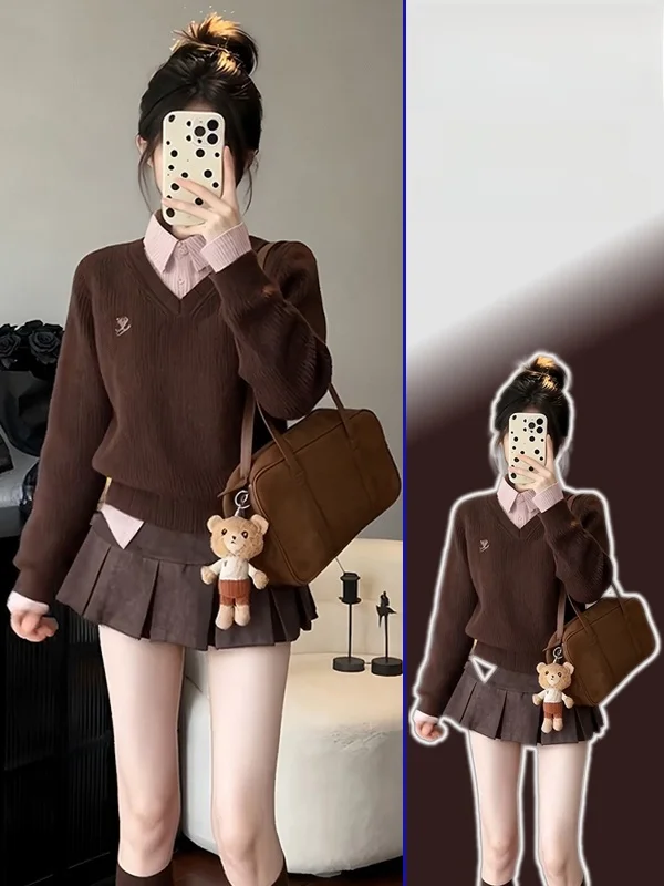 

plus Size Retro Sle irt Knitwear Collar High Waist Skirt Tee Piece Set for Women Casual Wear Spring Autumn