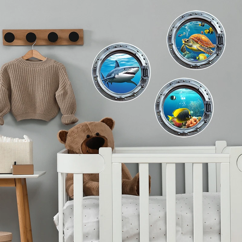 Seabed World Submarine Window Triptych Walls Art Fish Shark Turtle Vinyl Porthole Stickers for Aesthetic Rooms Home Decorations