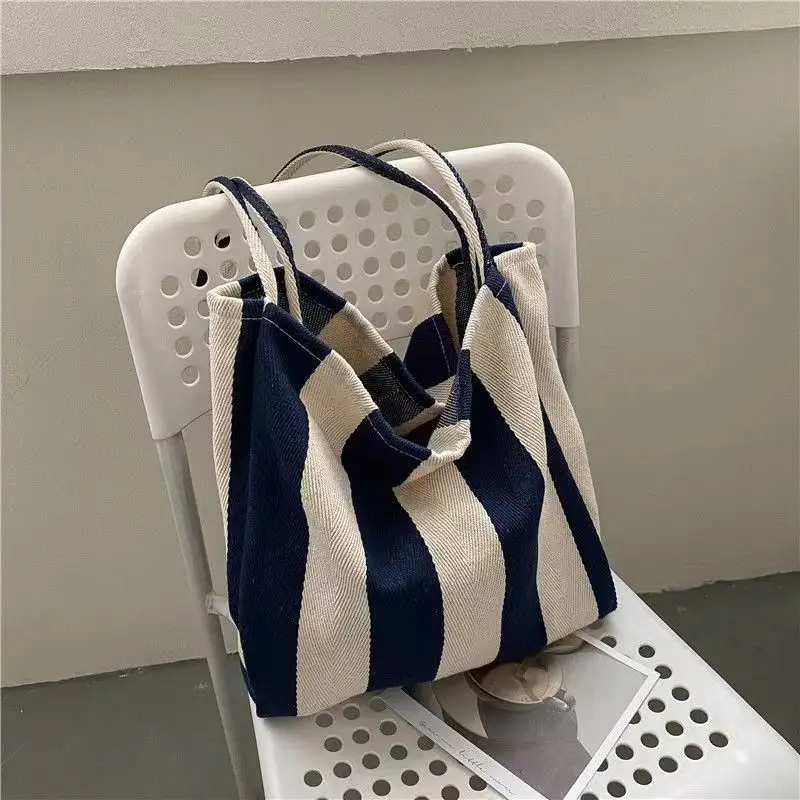 2023 fashion korea literature stripe Women\'s Canvas Tote Bag retro Shopper Bags Lady canvas big Shoulder Bag For Women