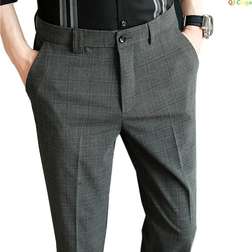 2024 New Gray Plaid Suit Pants Men, Fashionable Slim Streaks Trousers Korean Navy Blue Pantalones Hombre, 28-32,33,34,36,38
