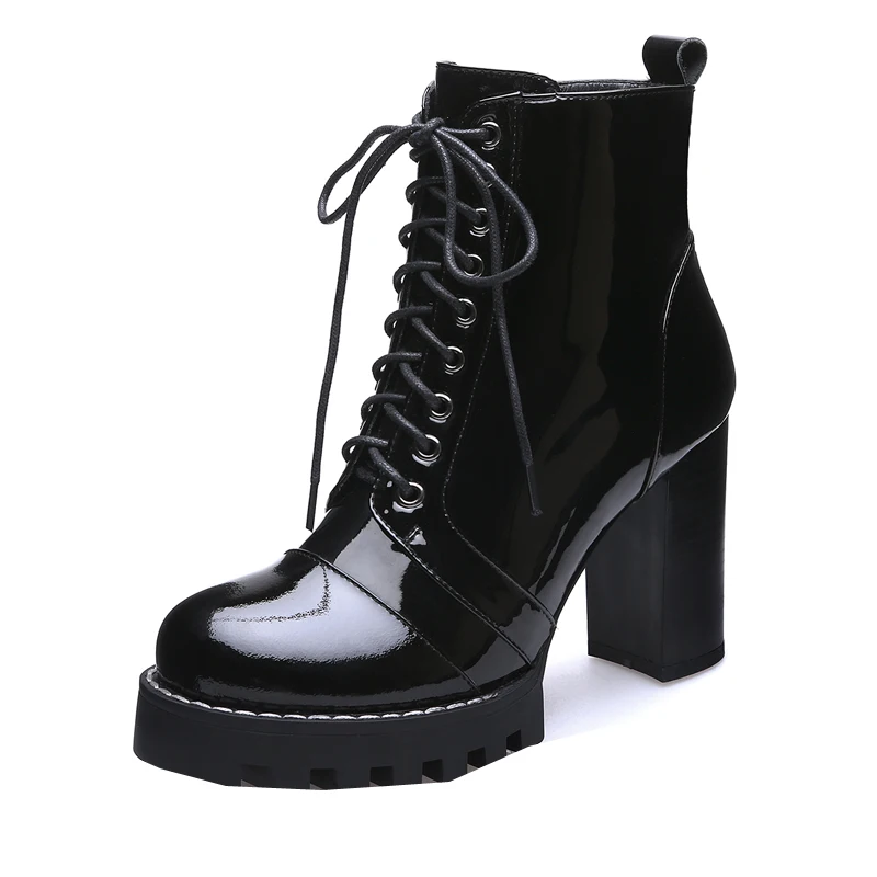 

Winter Black Patent Leather Lace Up Ankle Boots Antiskid Platform Chunky High Heel Round Toe Zipper Side Short Booties Woman