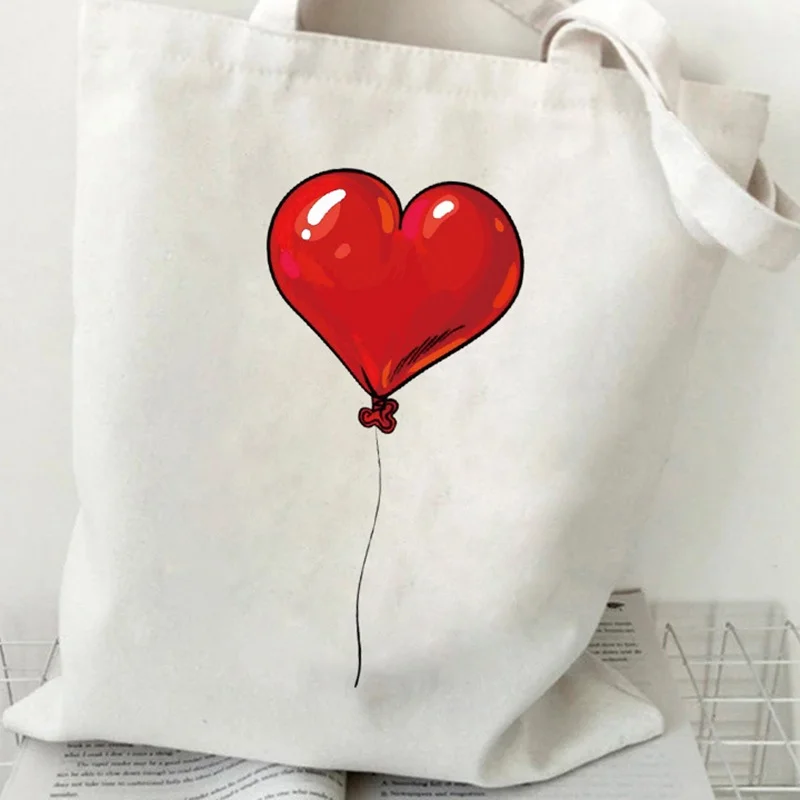 Red Heart Balloon Canvas Tote Bag Cute Love Print Shoulder Bag Reusable Eco Friendly Tote for Valentines Gift