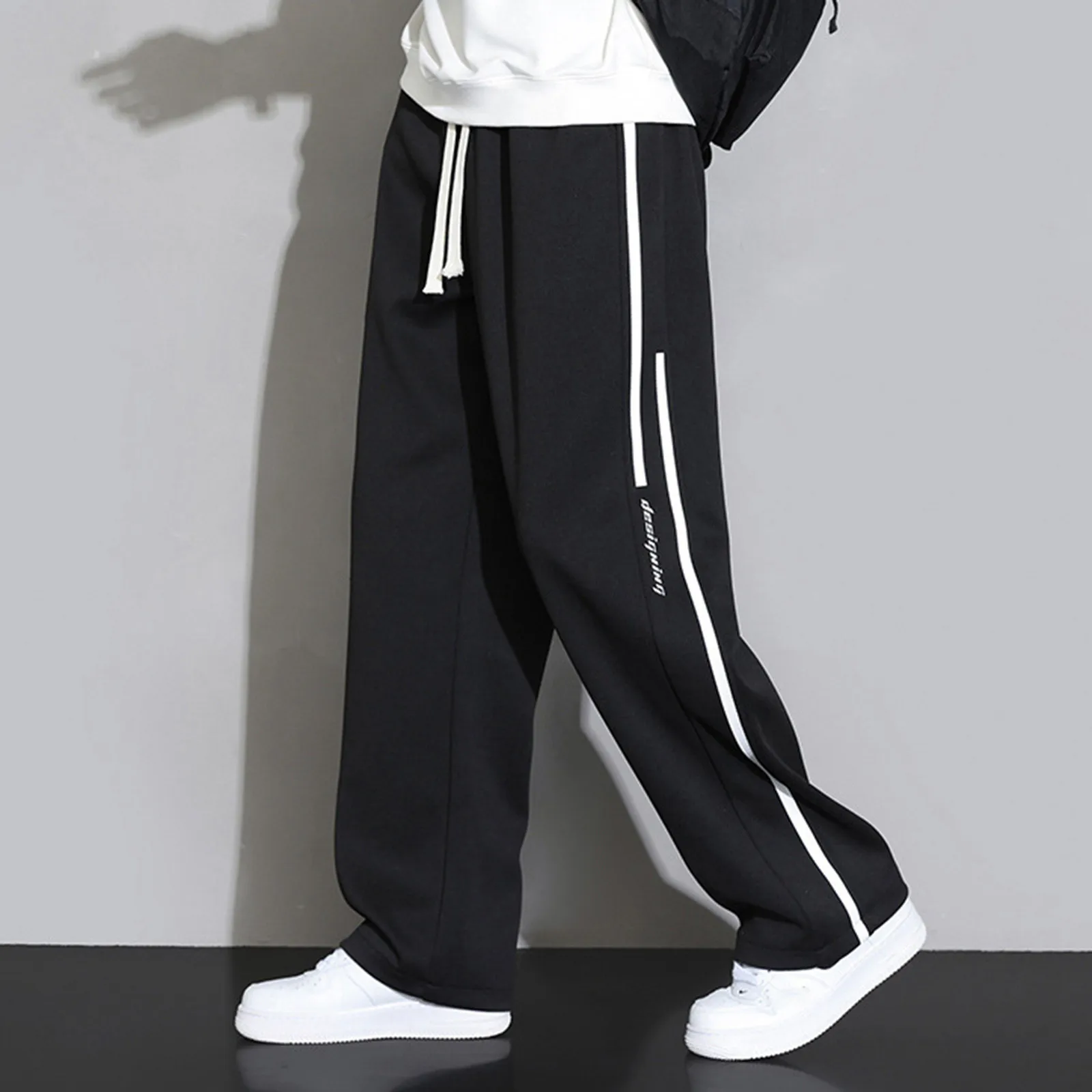 Men Sweatpants Wide Leg Loose Drawstring Elastic Waist Straight Solid Color Soft Breathable Deep Crotch Full Length Sports Pants