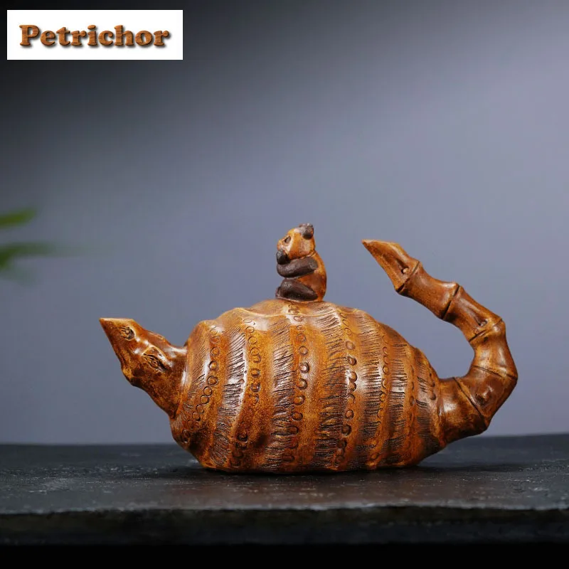 

420 мл антикварные чайники из фиолетовой глины Исин ручной работы, панда, побеги бамбука, горшок с необработанной рудой, грязевой чайник, чайный сервиз Zisha, украшения