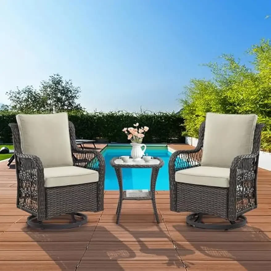 Side Table, 360-Degree Swivel Rocking Chair, Outdoor Rocking Chair Set for Patio Porch Pool (Dark Brown Wicker/Apricot Cushion)