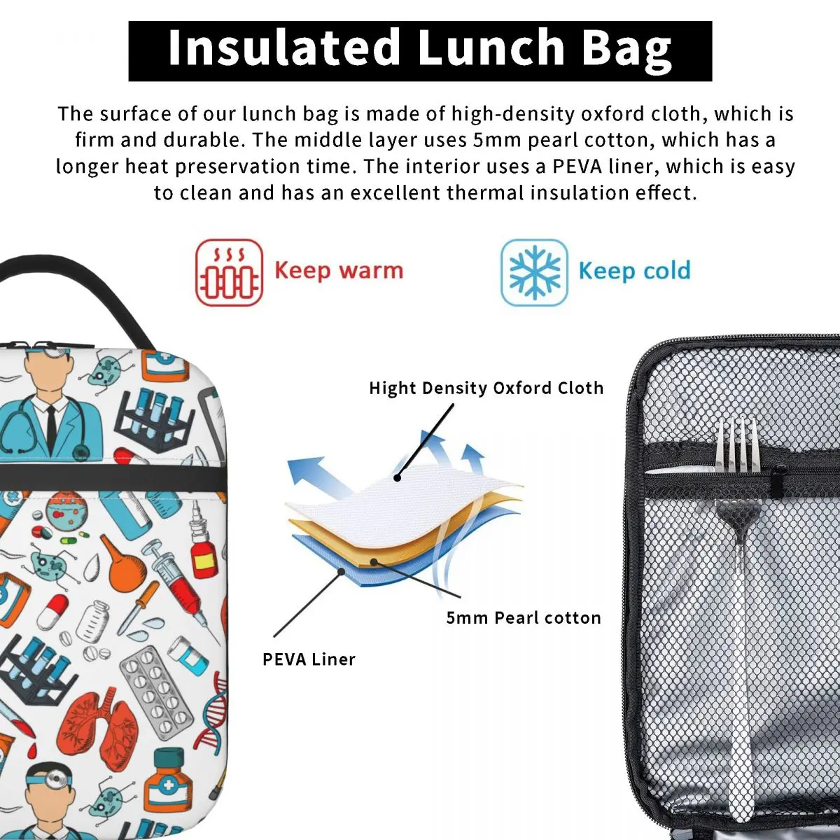 Doctor Medicine Seamless Pattern Insulated Lunch Bag Thermal Bag Meal Container Lunch Box Tote Food Storage Bags Office Travel