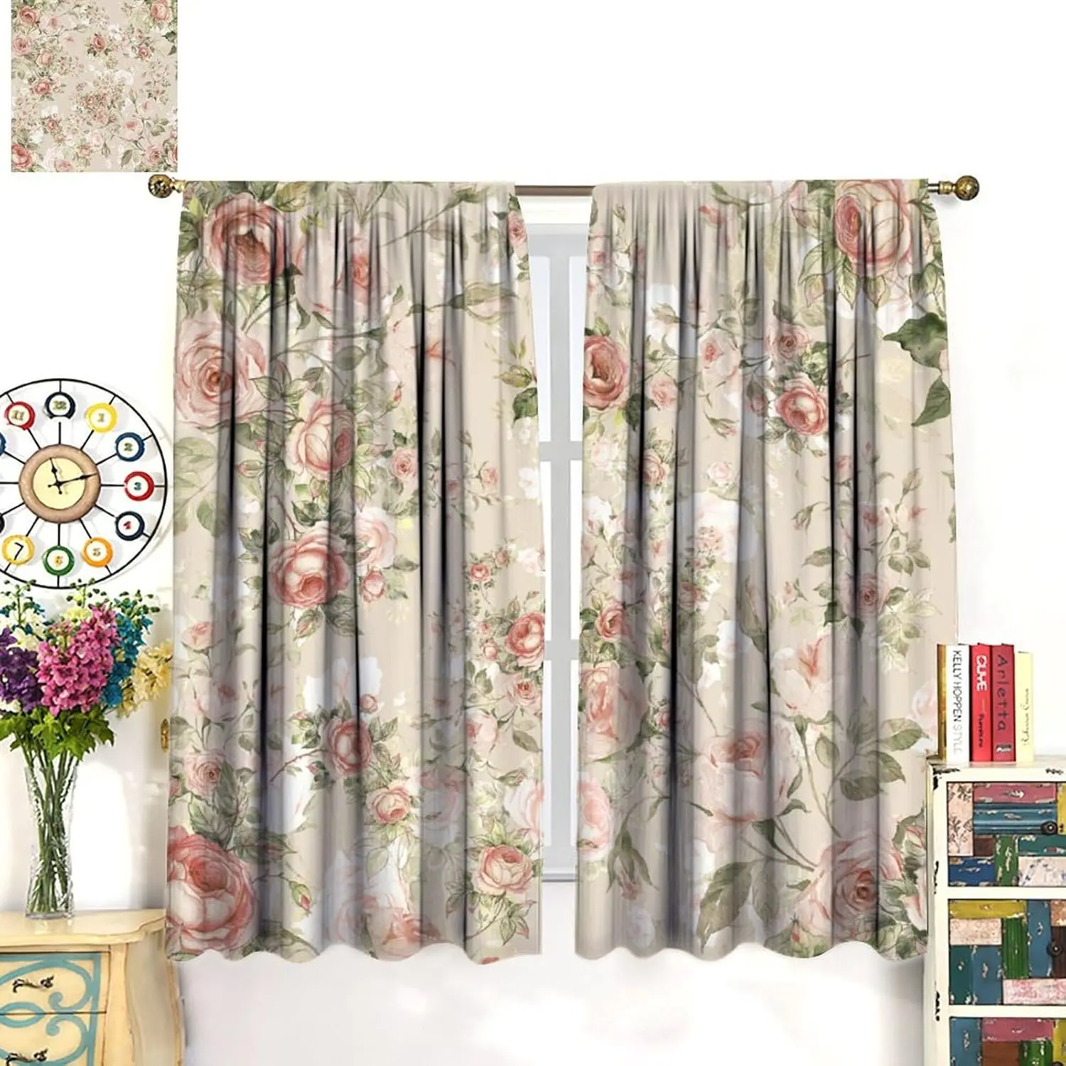 Vintage Rose Blackout Curtains Pink Flower Rustic Garden Botanical Pretty Watercolors Window Treatments for Bedroom Living Room