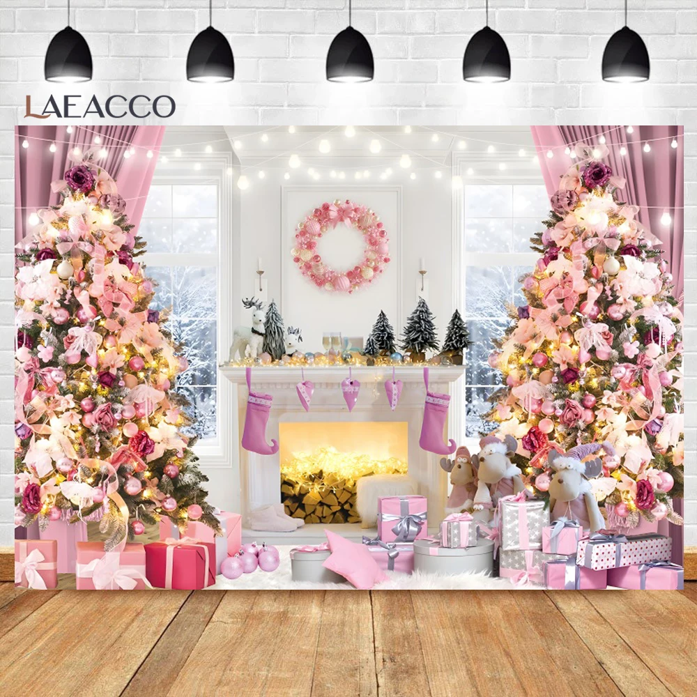 Winter Christmas Fireplace Photography Backdrop Xmas Tree Gift Wreath Living Room Decor Family Portrait Photography Background