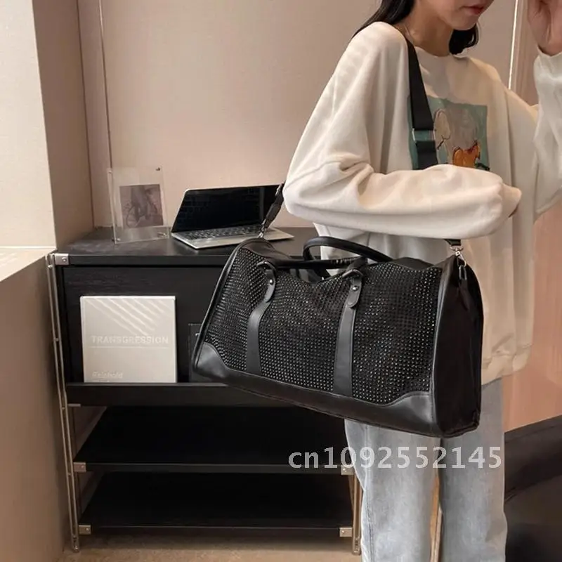 Lantejoulas diamante grande capacidade duffle saco feminino casual estilo esportivo viagem bolsa de fitness crossbody saco coreano bagagem