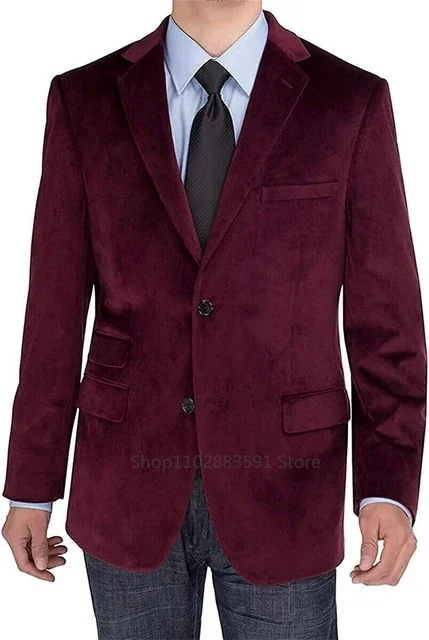 Burgundy Velvet Men Suit Jacket Peak Lapel Blazer with Single Breasted 2 Slits Dinner Party Wedding Tuxedo Latest Designs Coat