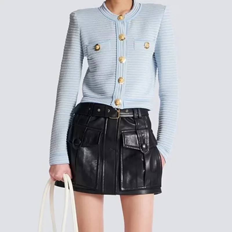 

Autumn new women's round-neck wavy long-sleeved knitted cardigan y2k fashion high Street golden single-breasted knitted coat