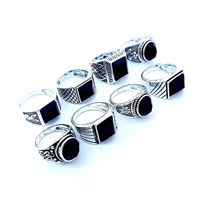 20pcs Retro Rings For Men Black Stone Antique Silver Plated Fashion Jewelry Party Gifts Wholesale