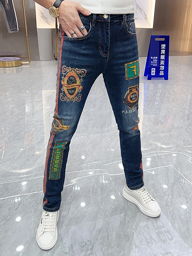 

Trendy Printed Denim Jeans Men's Slim Fit Elastic Casual Long Pants Autumn 2025 Fashion High Elasticity Youth Popular Style