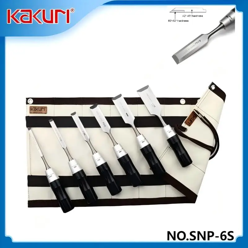 KAKURI SNP-6S Japan Wood Chisel Set - 6pcs+Storage Bag, Flat/Spade Blades+Carving Knife, Sharp, Woodworking/DIY