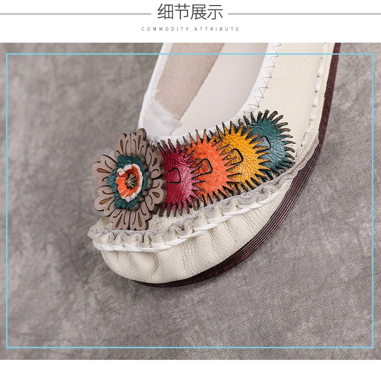 Neue handgefertigte Ballerinas aus echtem Leder für Damen mit Blumenapplikation, ethnische flache Schuhe für Damen, Vintage-Slip-On-Flats, Damen-Mokassins – Detail 5