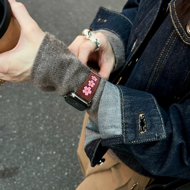 Suede Leather Watch Strap Customized Sakura Cherry Blossom Print  Applicable for IWatch Series1~12 Decoration Accessories Gift