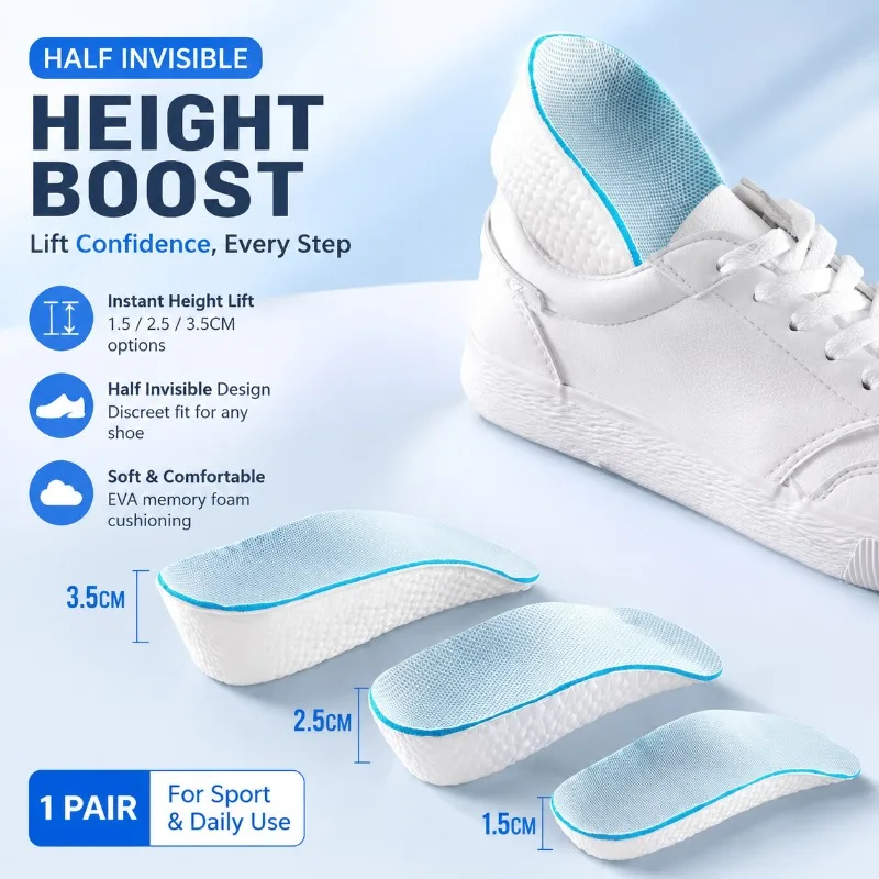 Half Invisible Height Increase Shoe Insoles, EVA Memory Foam Heel Cushion, 1.5/2.5/3.5CM Heel Lift for Sport & Daily Use