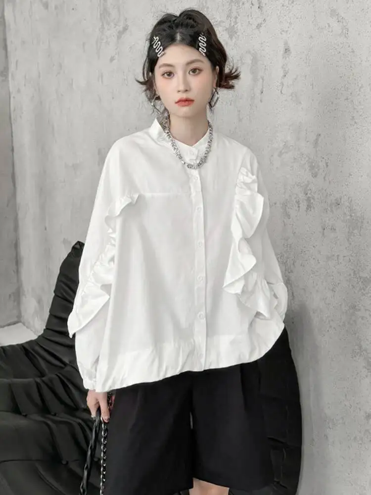 Women White Big Irregular Casual Blouse New Stand Collar Long Sleeve Loose Shirt Fashion Tide Spring Autumn