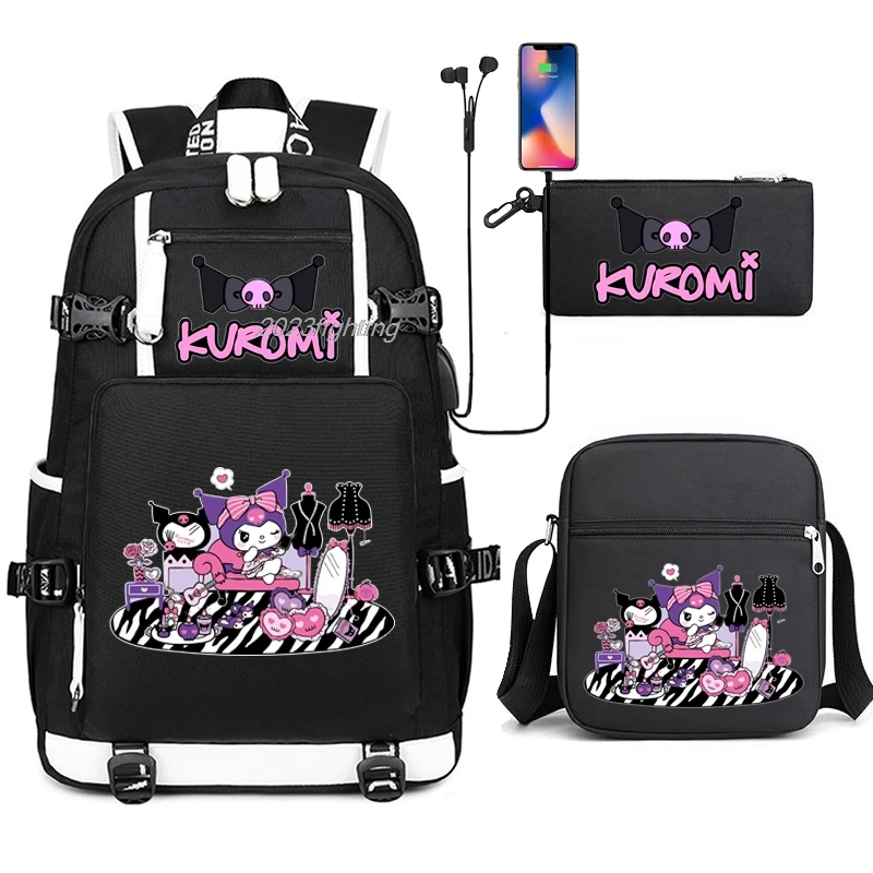 Black Kuromi Backpacks USB Girl School Bag Teenage College Style Students Women SchoolBag High Student Bag Laptop Canvas Mochila